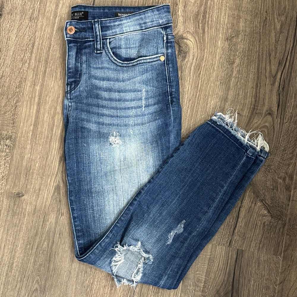 Judy Blue Skinny Fit Medium Blue Distressed Ankle Jeans Size 9/ 29